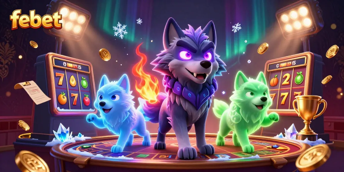 Engage with febet's immersive gaming experience featuring slot reels, wolf characters, and rich casino elements.