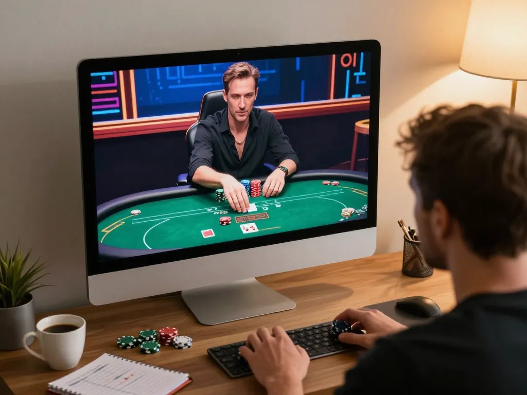 Player engaging in online poker game at home, focused on sc88 strategy and bets