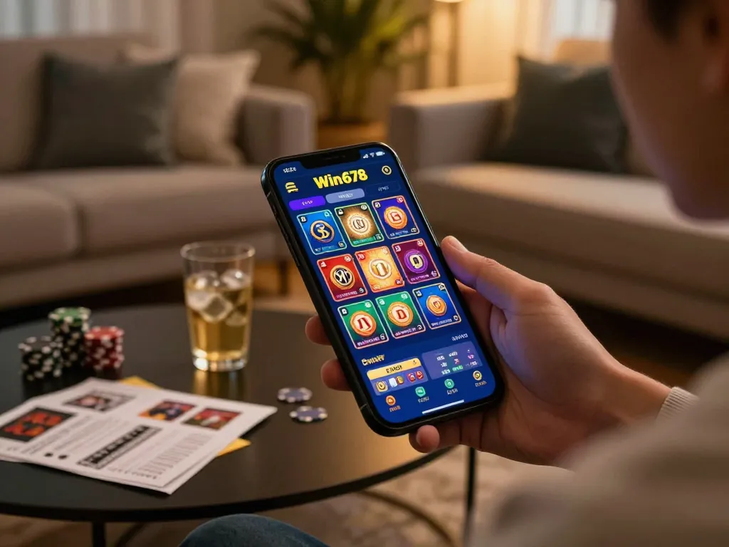 Player engaging with the win678 casino app, showcasing mobile gambling excitement at home.