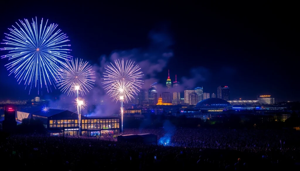 People enjoying a spectacular manchester fireworks show illuminating the night sky.