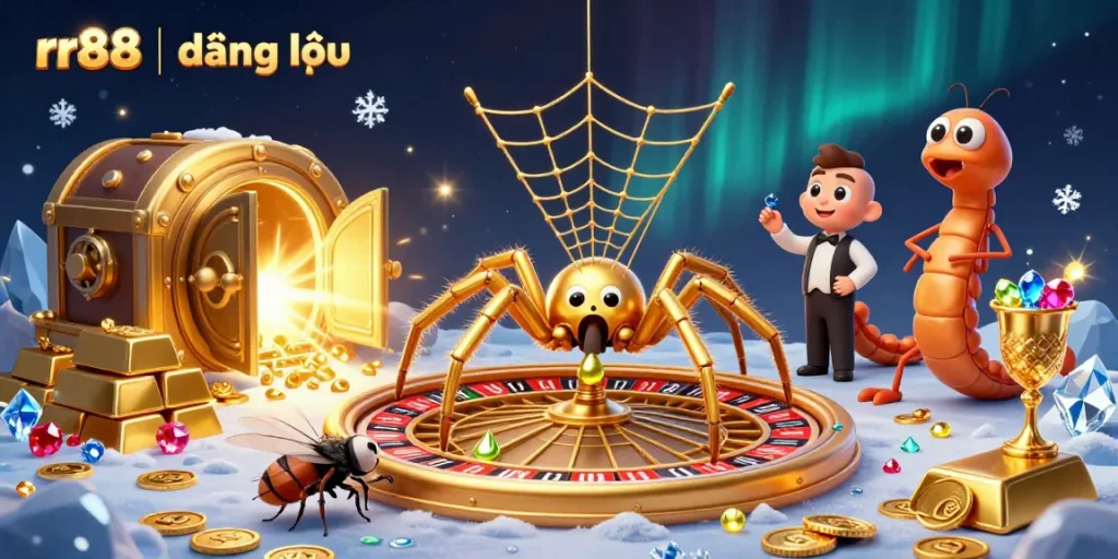 Interactive scene with rr88 | đăng nhập showcasing a lively spider and croupier in a casino-inspired setting.