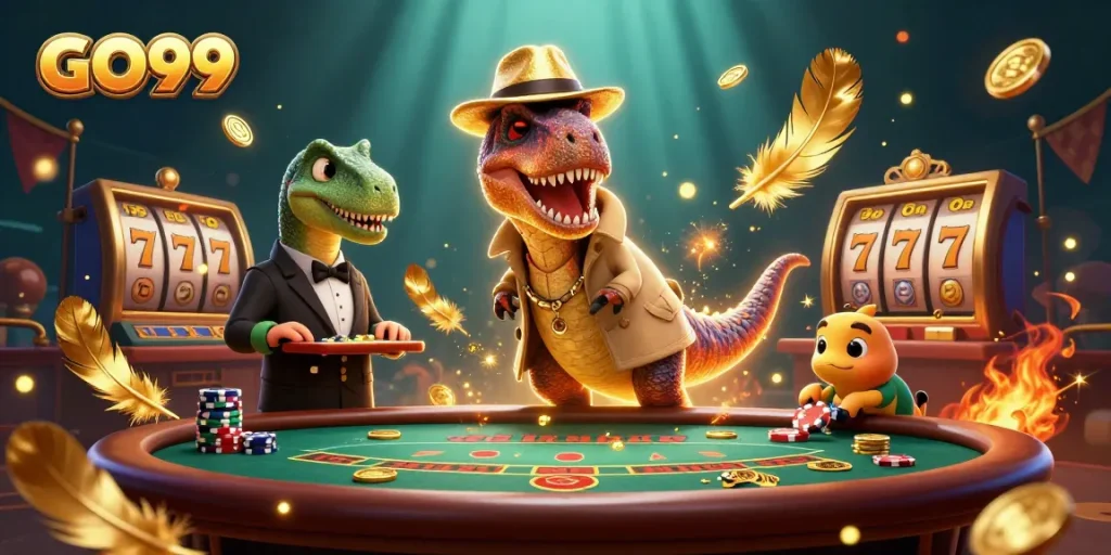 Experience GO99’s thrilling blackjack scene with lively characters in a vibrant casino.