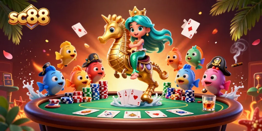 Join the exciting adventure of sc88 with a mermaid princess riding a seahorse at a bustling poker scene.