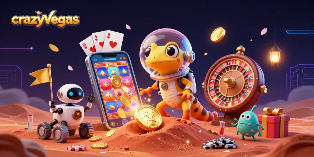 CrazyVegas presents a dynamic scene of a Martian gecko discovering a golden casino, surrounded by fun gaming elements.